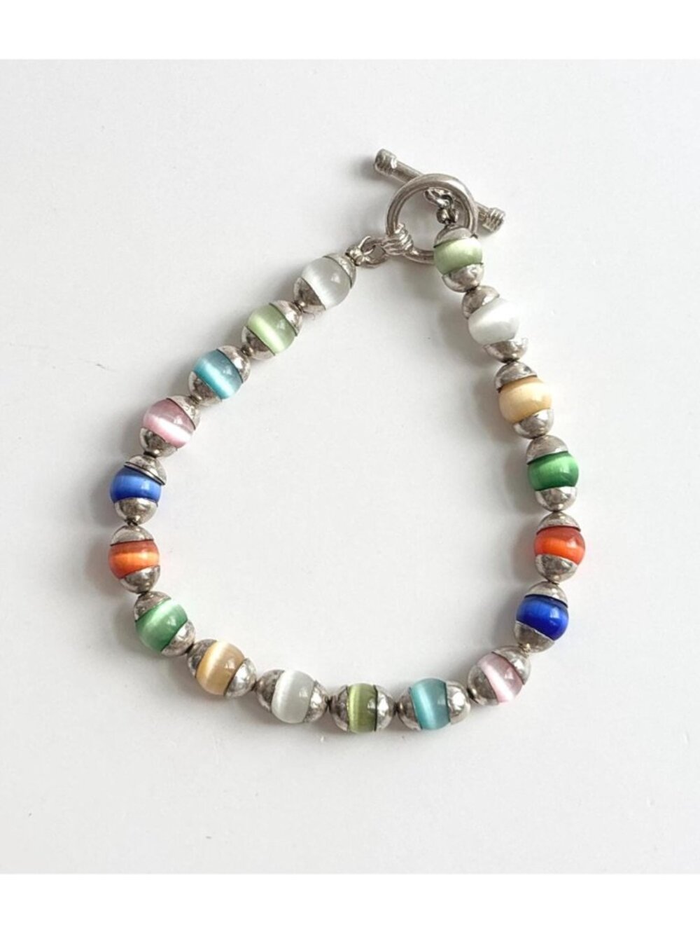 Rainbow Colored Cat's Eye Gemstone Beaded Vintage Sterling Silver 925 Bracelet